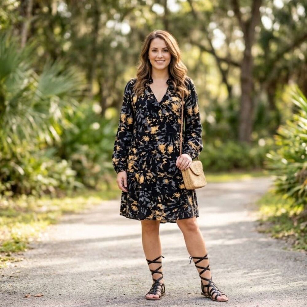 True Craft Black & Gold Splatter Fall Ruffle Neck Tiered Mini Dress Size Medium
